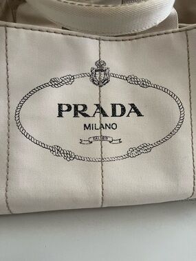 Prada Canapa Cream Canvas Tote with Black Logo Large